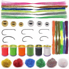 XFISHMAN Fly Tying Kit full contents laid out for beginners, showing easy-access grouping for practice.