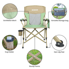 XGEAR camping chair cup holder and pocket keep beverages and essentials handy.