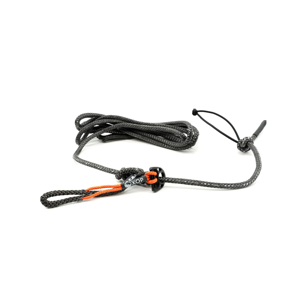 Close-up of XOP HFAS climbing stick attachment system showing Amsteel strap