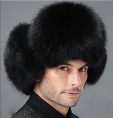 XUYUZUAU men's fox hair ushanka black side view highlighting windproof outer layer