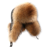 XUYUZUAU men's fox-hair ushanka natural brown closeup highlights warm insulation.