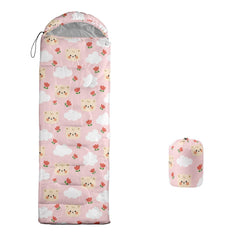 XYNHML cartoon bear sleeping bag stored in a compression bag for easy travel.