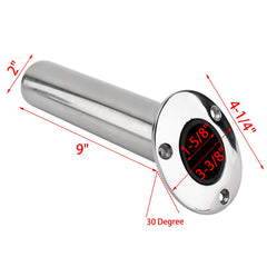Close-up of polished 316 stainless steel rod holder with drain