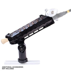 Rod tube holding spinning and casting rods with gimbal lock engaged