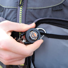 Close-up of the 360-degree swivel clip on the YakAttack retractor