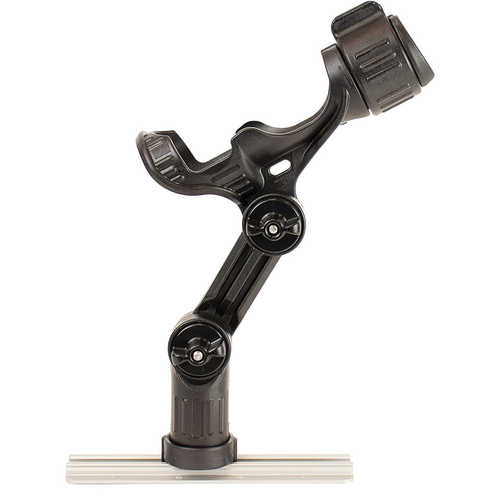 Omega Pro Rod Holder with elevated extension arm attached to kayak track