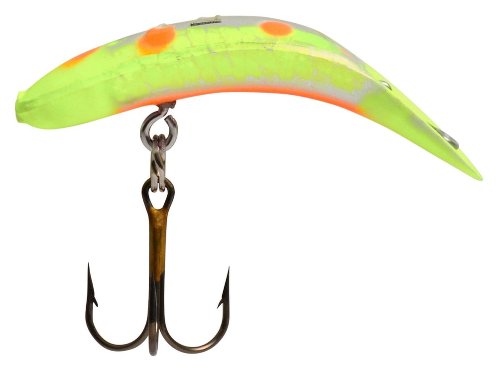 Yakima Bait Flatfish F-7 Double Trouble Chartreuse Orange with high action trolling