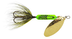 Yakima Bait Rooster Tail in-line spinner in Green Caddis; pulsating tail and flash may attract fish.