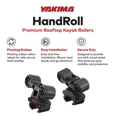 Yakima HandRoll pivot base cradling action supports hull shape during loading.