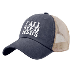 Back view showing adjustable strap on Y’all Need Jesus trucker hat.