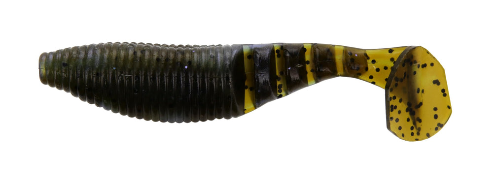 Yamamoto 4-inch paddle tail Zako in blue craw ready to boost trailer action on light jig setups.