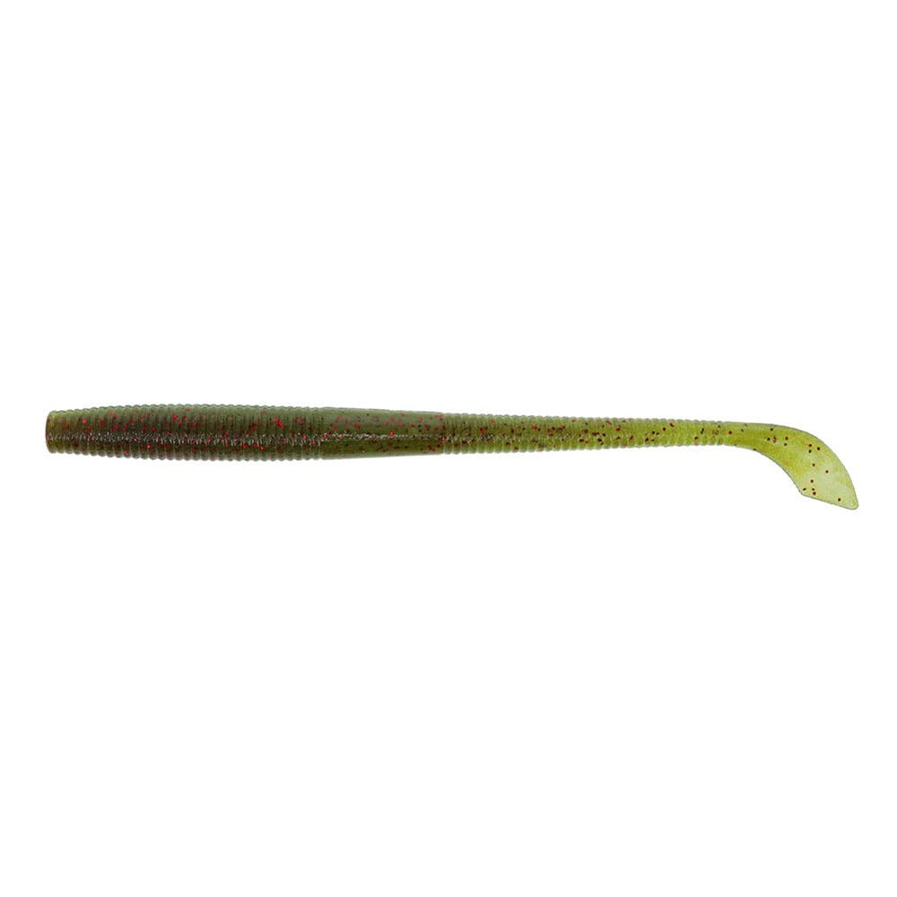 Yamamoto 5-inch Kut Tail Worm in green pumpkin with small red, ideal for finesse dropshot fishing.