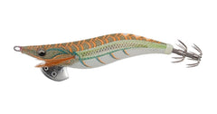 YAMASHITA Egi King Live 3.5 065 Spark Olive front view with vivid UV glow for night fishing