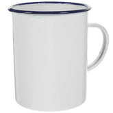 Yardwe enamel mug in outdoor camping setting for hot coffee on trail.
