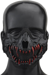 YBJMSFA Airsoft half-face skull mask front view with breathable mesh for outdoor play.