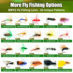 Overview showing 20 fly styles and four hook sizes (#8-#14)