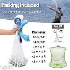 Yeahmart zinc-sinker-weighted cast net highlights quick sinking and tight bottom seal.