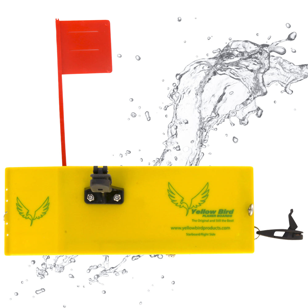 Yellow Bird Planer Board 10-inch on-right side guides bait into depth range.
