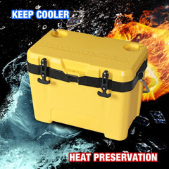 Yellow Jacket 27-qt ice cooler side view shows rugged outdoor design.