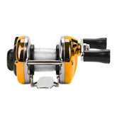 Yencoly lightweight casting reel side view showing gold finish and slim profile for handheld use