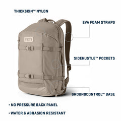 YETI Crossroads Backpack 27L side view with Rambler Bottle pockets enables on-the-go hydration.