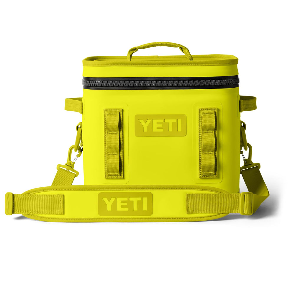 YETI Hopper Flip 12 Firefly Yellow closed view shows leakproof zipper for secure transport.