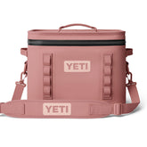 YETI Hopper Flip 18 front view in Sandstone Pink for portable cooling on adventures.