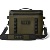 YETI Hopper Flip 18 open in Olive provides quick-access cooling for picnics and boat trips.
