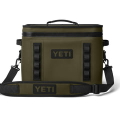 YETI Hopper Flip 18 open in Olive provides quick-access cooling for picnics and boat trips.