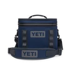YETI Hopper Flip 8 Navy open shows easy access and compact portability for outdoor trips.