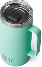 YETI Rambler 24 oz mug seafoam body with vacuum insulation keeps drinks cold.