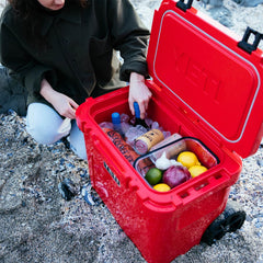 YETI Roadie 32 wheeled cooler lid open for easy access.