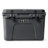 YETI Tundra 35 cooler front view highlights rugged charcoal finish for outdoor use