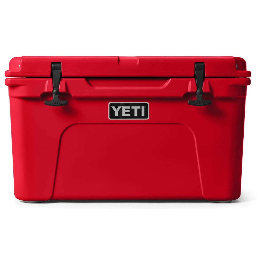 YETI Tundra 45 Rescue Red lid latches closeup showing rugged hardware for outdoor reliability