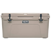 YETI Tundra 65 Desert Tan lid close-up showing secure latching for field use.