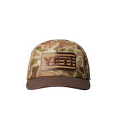YETI USA Flag Hat front view with brown camo for casual outdoor wear.