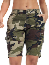 Yevtzl women's hiking cargo shorts front view in camo; breathable outdoor comfort.