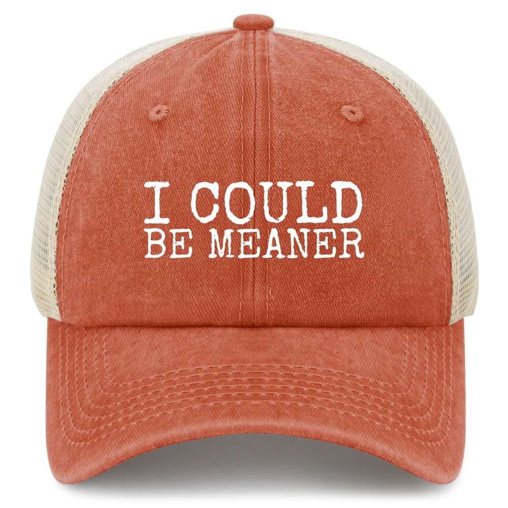 YFKFYTG I Could Be Meaner Hat front view in washed denim with retro vibe