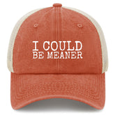 YFKFYTG I Could Be Meaner Hat front view in washed denim with retro vibe