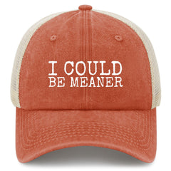 YFKFYTG I Could Be Meaner Hat front view in washed denim with retro vibe