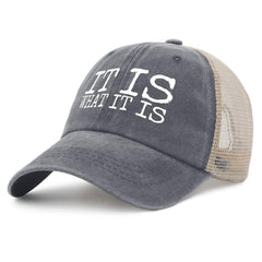 YFKFYTG It Is What It Is Hat back strap showing adjustable, secure fit