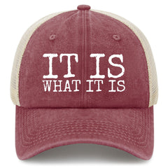 YFKFYTG It Is What It Is Hat front view with vintage denim look and breathable comfort.
