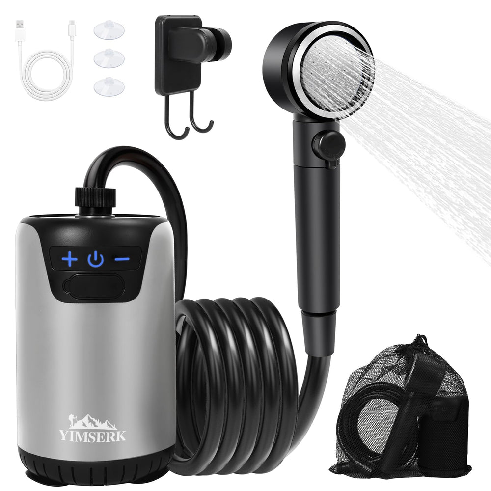 Yimserk 8000mAh portable camping shower head offers compact on-the-go cleaning.