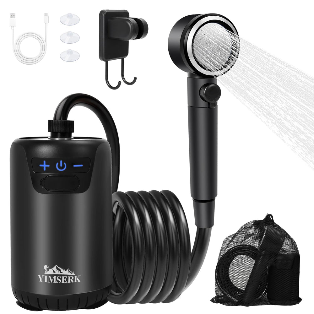 Yimserk camping shower battery display shows remaining power for planning outdoor rinses.