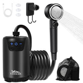 Yimserk camping shower battery display shows remaining power for planning outdoor rinses.