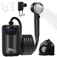 Yimserk camping shower battery display shows remaining power for planning outdoor rinses.