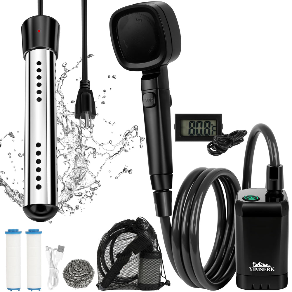 Yimserk portable shower battery display shows remaining power for easy camp planning.
