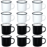 Yinder 12-pack enamel camping mugs in white and black suitable for camping and gatherings.