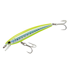 Yo-Zuri Pins Minnow chartreuse front view highlights strong casting with weight transfer.