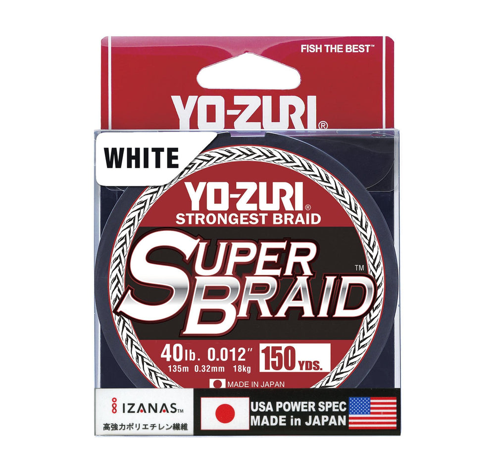 Yo-Zuri SuperBraid White 150yd spool shows smooth, abrasion-resistant braid